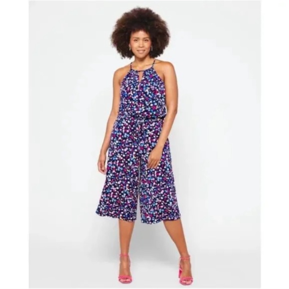 Maggy London Lottie Floral Knit Cropped Jumpsuit Navy Sky Size 2 - NWT - Picture 1 of 16